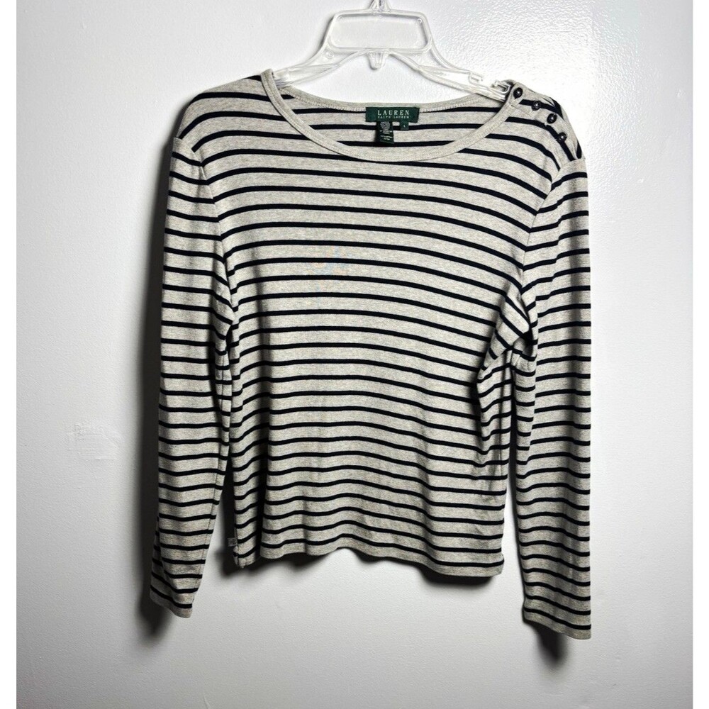 Lauren Ralph Lauren Women’s L Gray/Navy Striped Boat Neck Cotton Knit Sweater